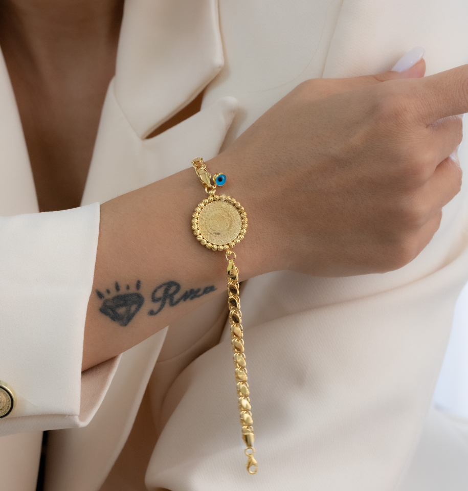 ÇEYREKLİ NAZAR BONCUKLU ALTIN BİLEKLİK