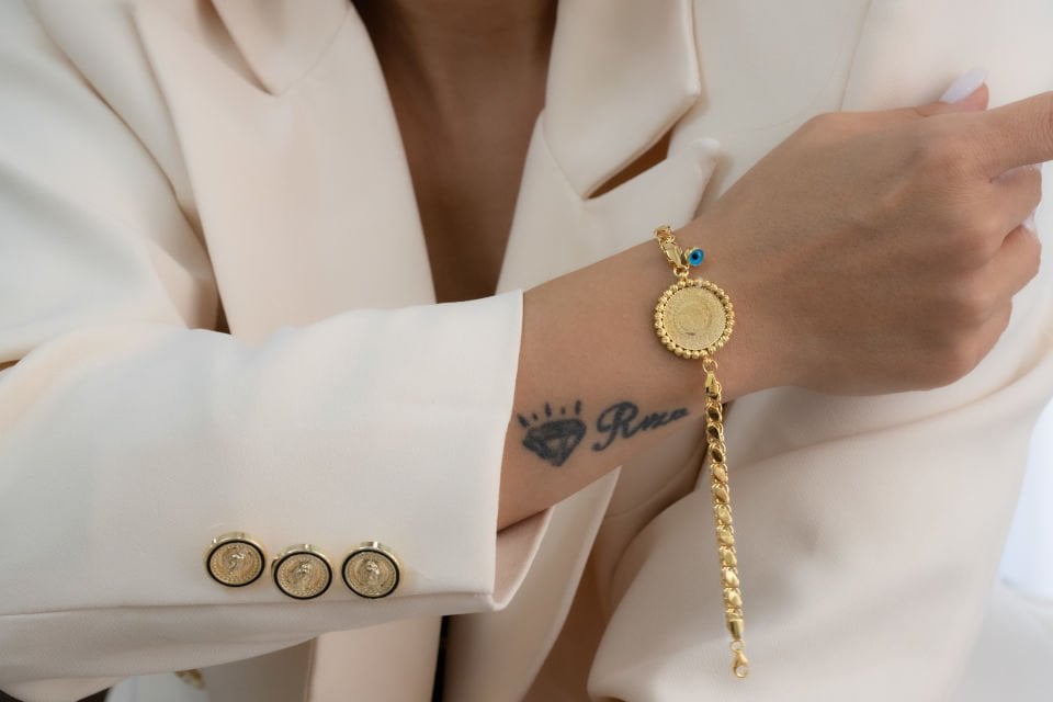 ÇEYREKLİ NAZAR BONCUKLU ALTIN BİLEKLİK