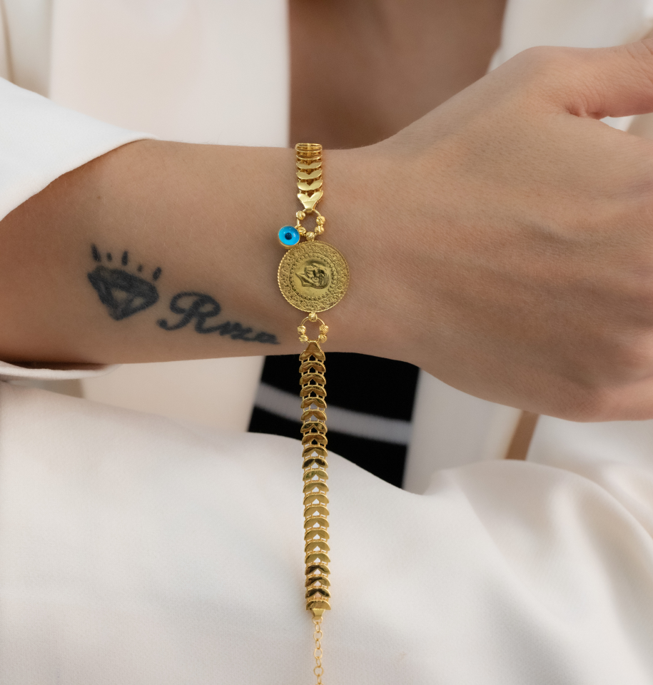 ÇEYREKLİ NAZAR BONCUKLU ALTIN BİLEKLİK