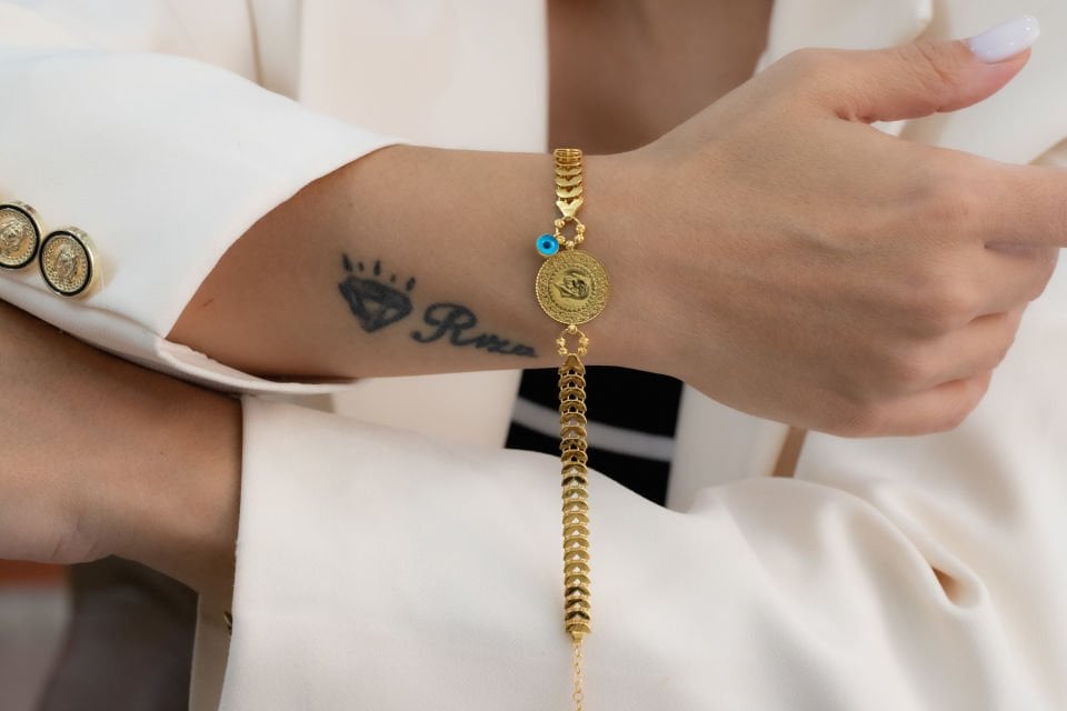 ÇEYREKLİ NAZAR BONCUKLU ALTIN BİLEKLİK