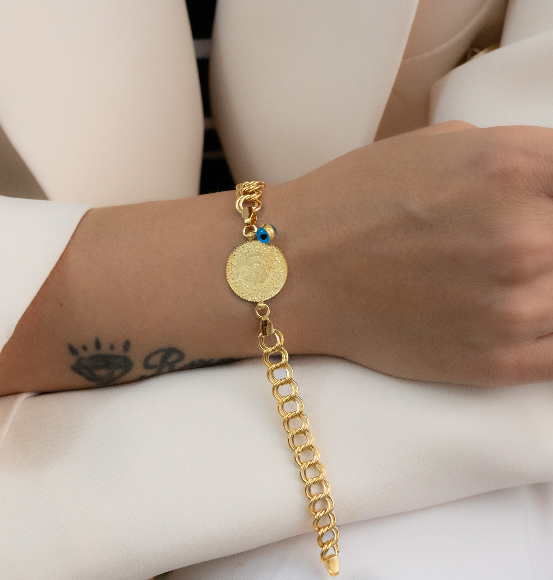 ÇEYREKLİ NAZAR BONCUKLU ALTIN BİLEKLİK