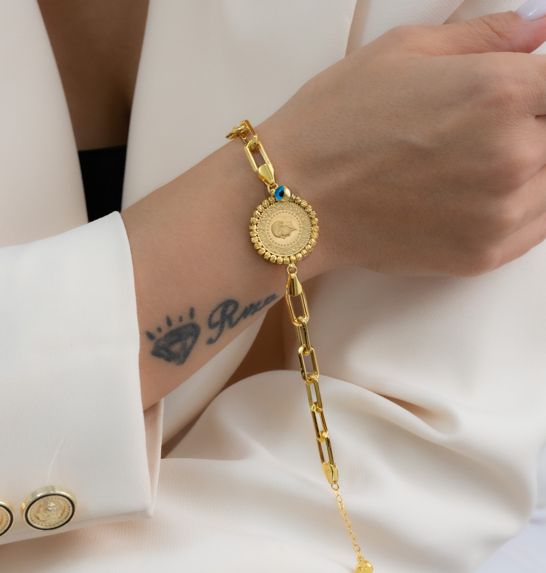 ÇEYREKLİ NAZAR BONCUKLU ALTIN BİLEKLİK