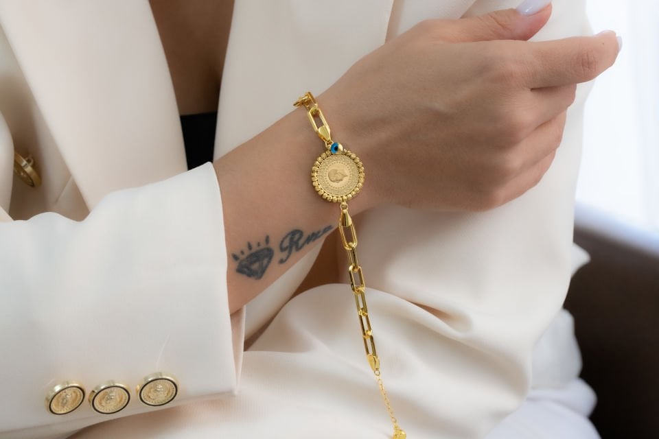 ÇEYREKLİ NAZAR BONCUKLU ALTIN BİLEKLİK