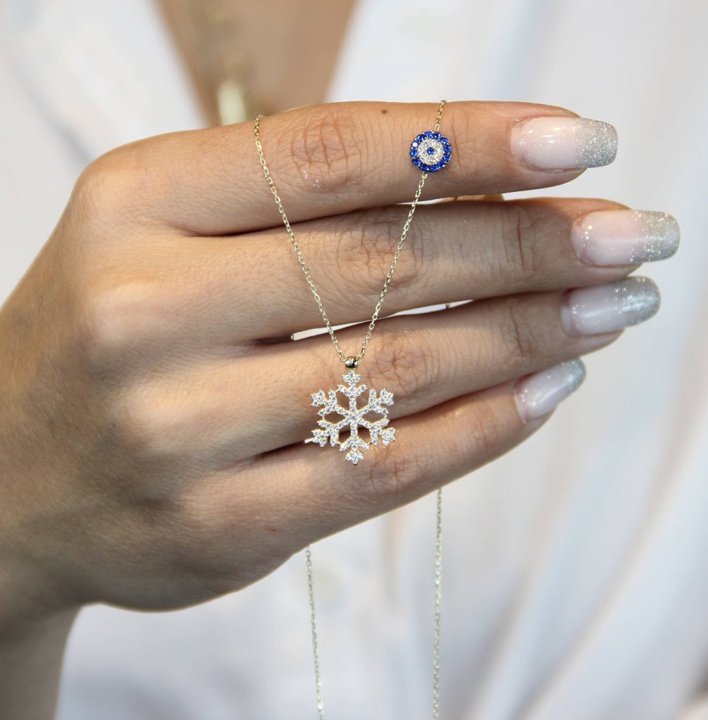 NAZAR BONCUKLU KAR TANESİ ALTIN KOLYE